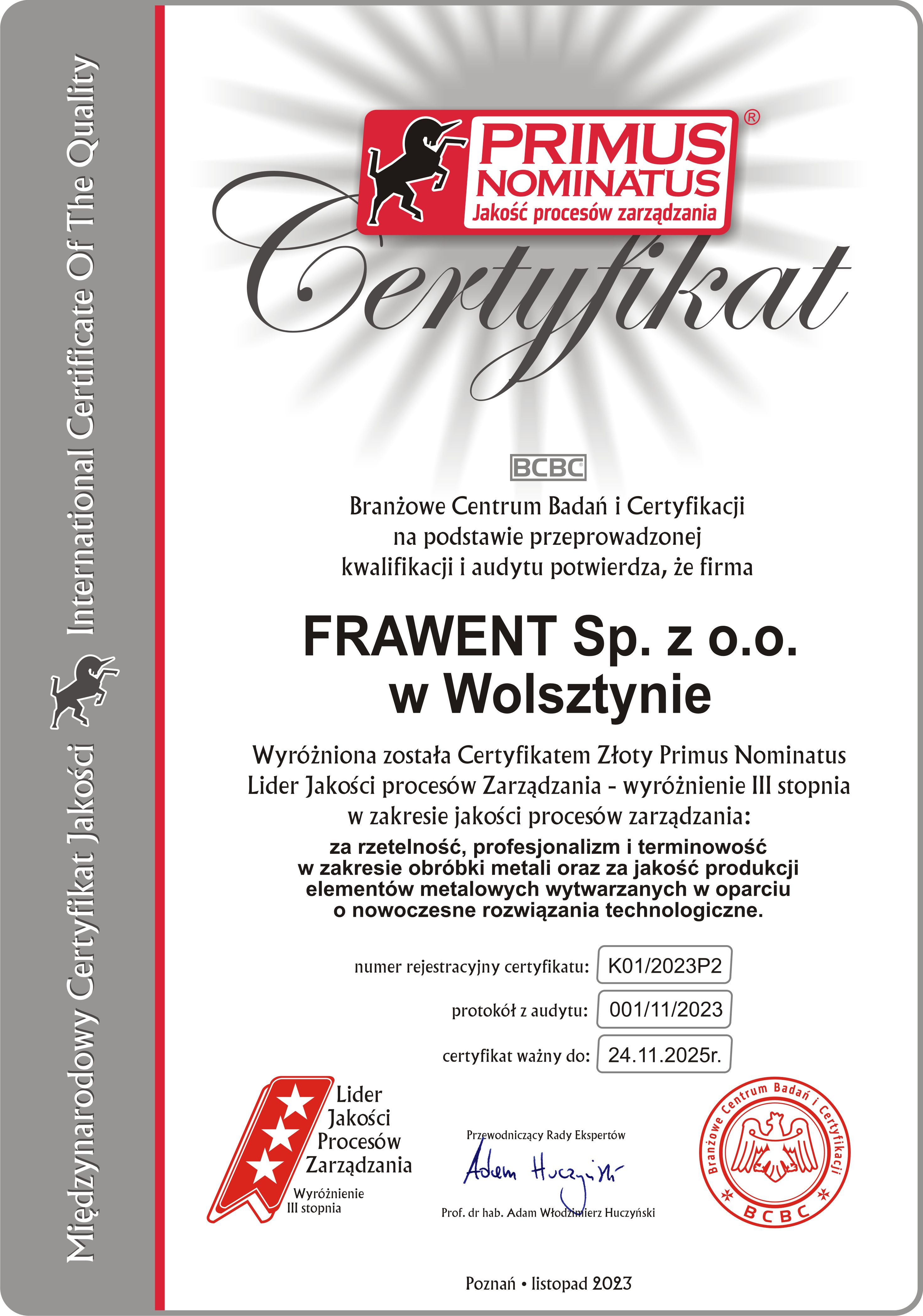 certyfikat Frawent 25-11-2021