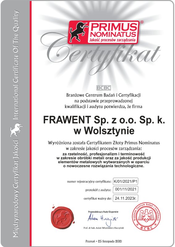 certyfikat Frawent 25-11-2021