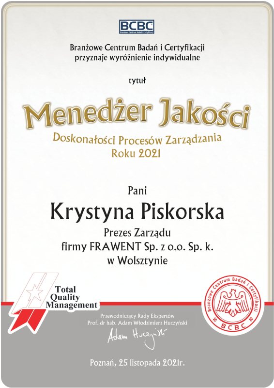 certyfikat Frawent Krystyna Piskorska